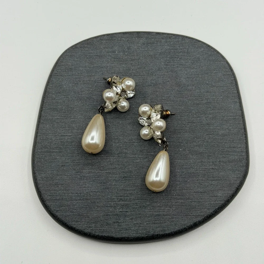 Faux Pearl Rhinestone Teardrop Dangle Earrings Bridal Coquette Statement Gift